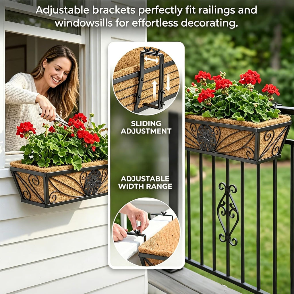 4 Pack 24 Inch Railing Planter Boxes | With Coco Liner, Floral Scroll Metal Window Box Planters, Classic Scrollwork