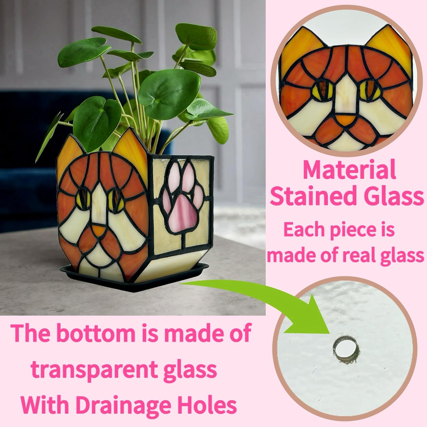 Stained Glass Orange Cat Planter,Indoor Flower Pots with Drainage,Cute Succulent Planter,Unique Orange Cat Flower