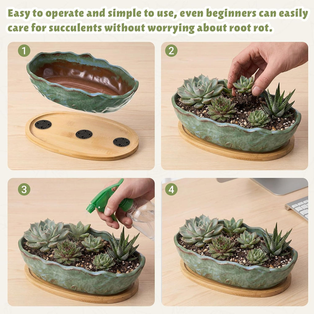 Succulent Pot 11 Inch Large Succulent Planters with Drainage Ceramic Bonsai Pot with Bamboo Tray Round Shallow Planter