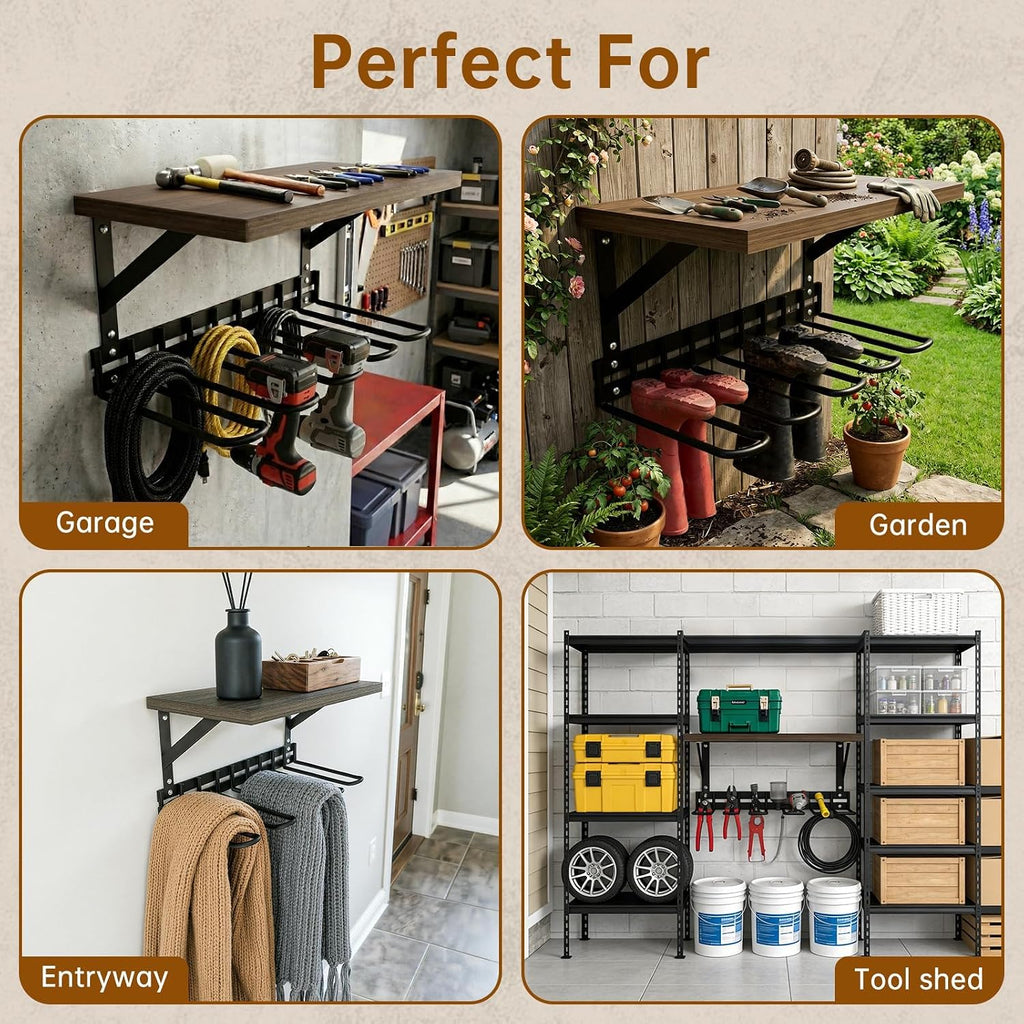Wall Mount Boot Rack, Garden Tool Organizer With Curved Hooks & Wood Shelf | Heavy Duty Wader Boot Hangers Organizer