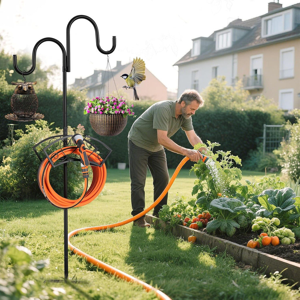 Garden Hose Holder, Freestanding Hose Stand for Outside, 150FT Hose Storage Organizer with 5-Prong Base and Shepherd