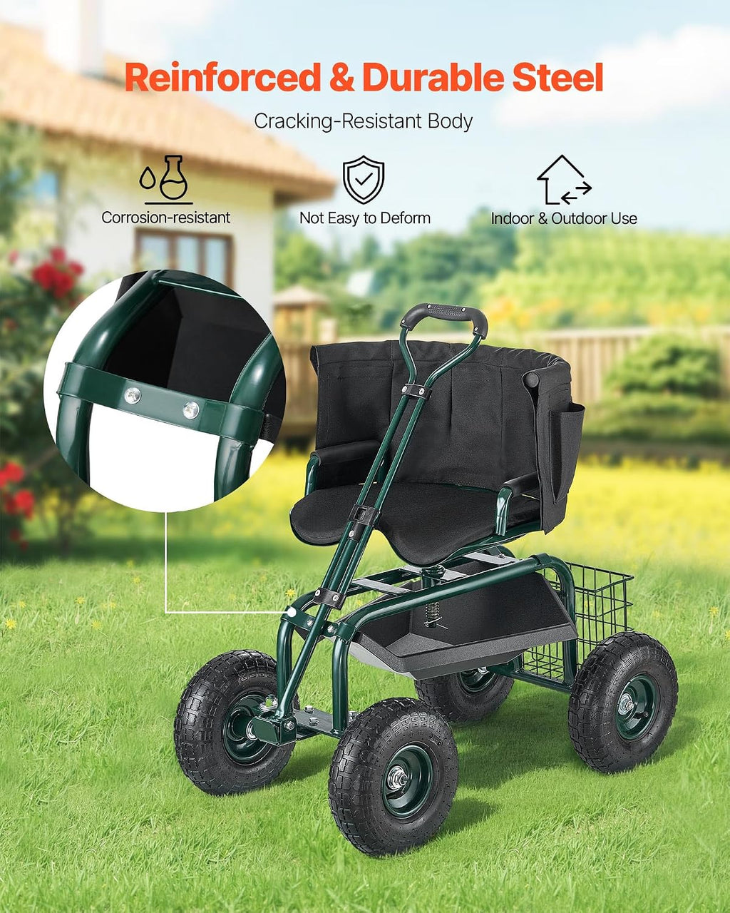VEVOR Garden Seat with Wheels, Rolling Garden Stool with Height Adjustable & 360° Swivel Seat, 400lbs Weight Capacity