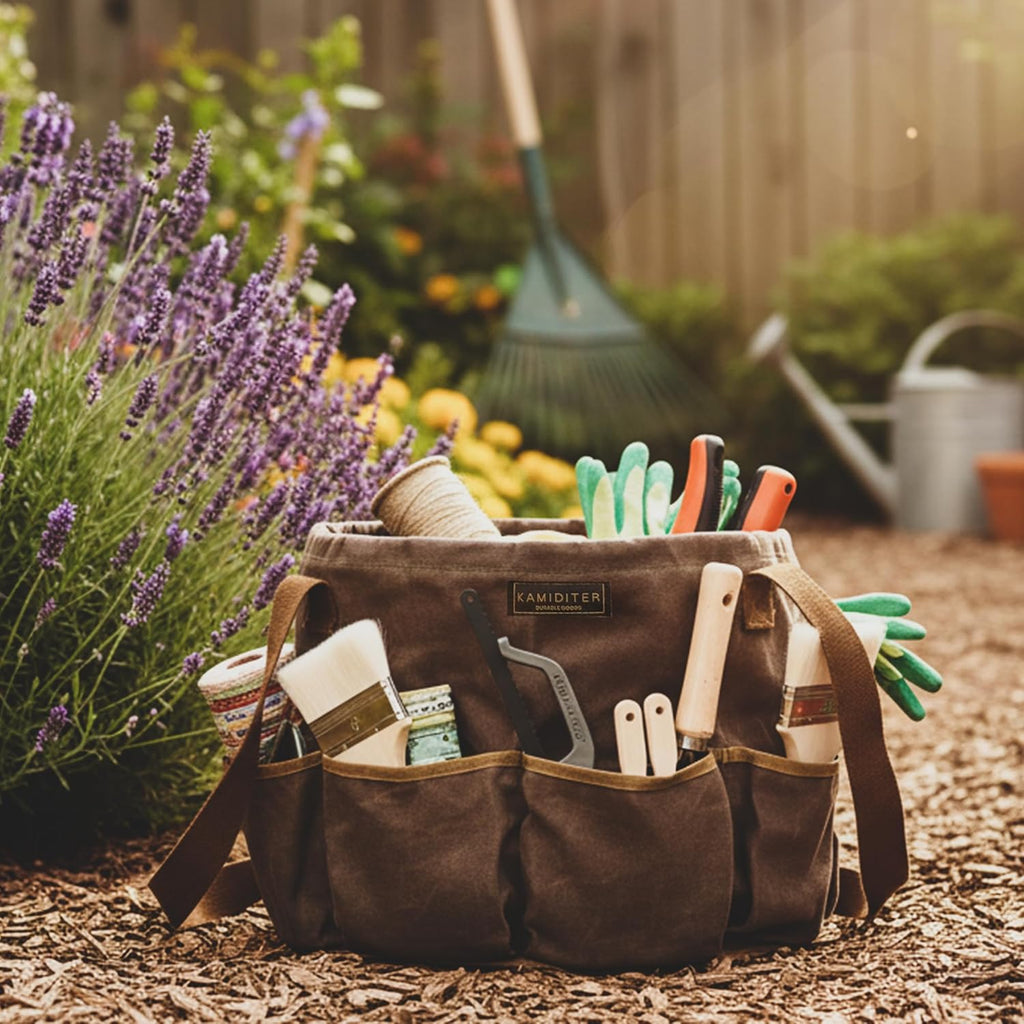 Waxed Canvas Garden Organizer Bag - Waterproof Bucket Tool Bag Portable with Side Pockets, Portable Gardening Tote for