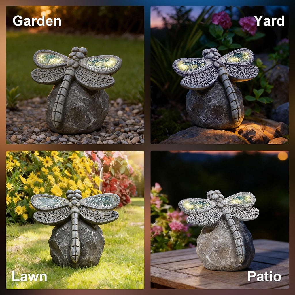 Solar Dragonfly Garden Statues & Light, Outdoor Resin Yard Figurine Decor | Solar Powered IP65 Waterproof Garden