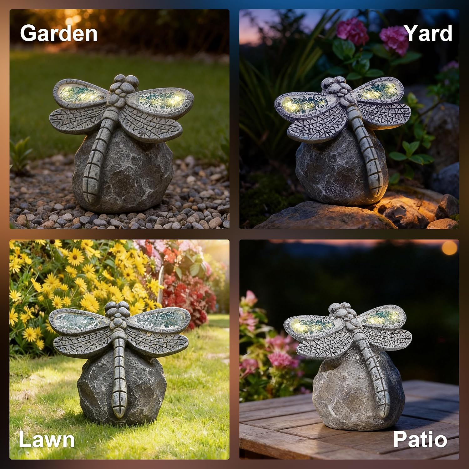 Solar Dragonfly Garden Statues & Light, Outdoor Resin Yard Figurine Decor | Solar Powered IP65 Waterproof Garden