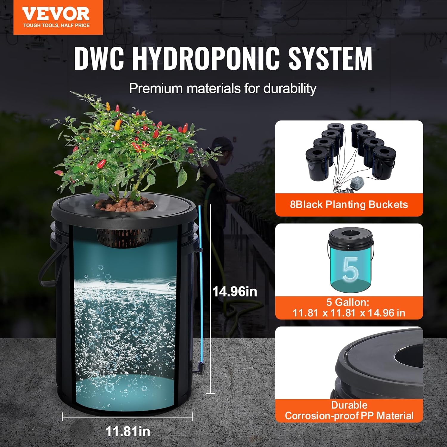 VEVOR DWC Hydroponic System, 5 Gallon 8 Buckets, Deep Water Culture Growing Bucket, Hydroponics Grow Kit with Pump, Air
