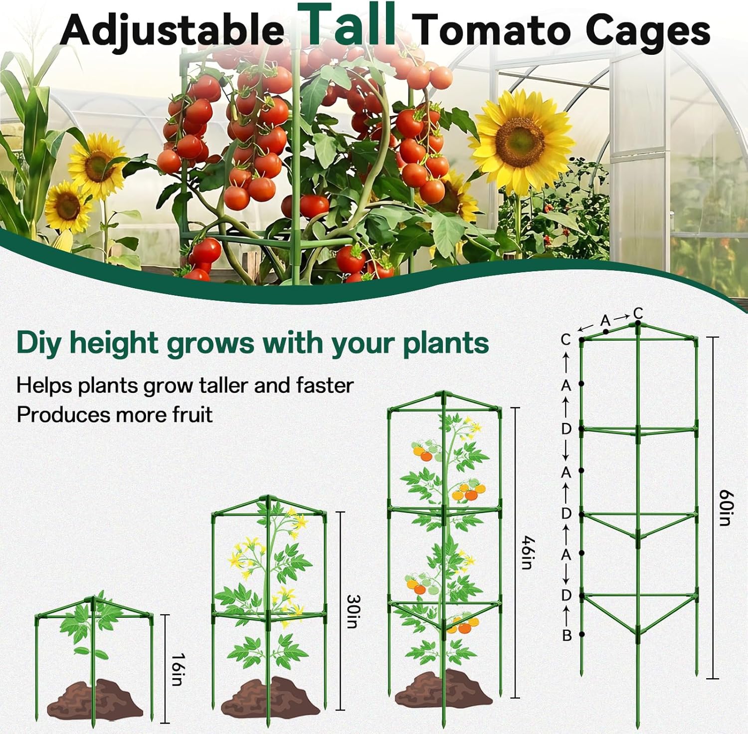 Halatool 3 Pack 60 Inch Adjustable Tomato Cages for Graden | Heavy Duty, Metal Tall Collapsible Tomato Trellis Plant