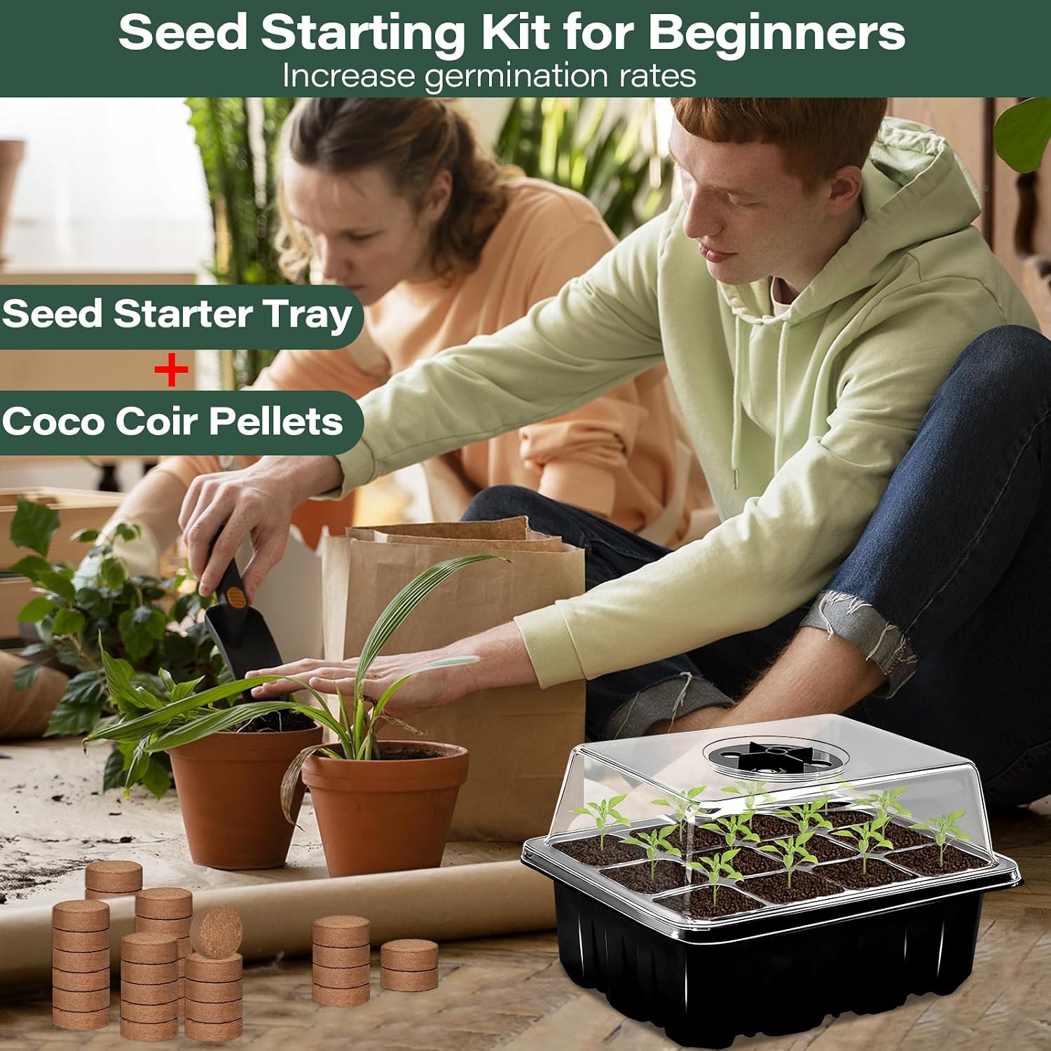 10 Set Seed Starter Tray Kits with 150 Pack Coco Coir Pellets | Adjustable Humidity Seed Germination Trays, Mini