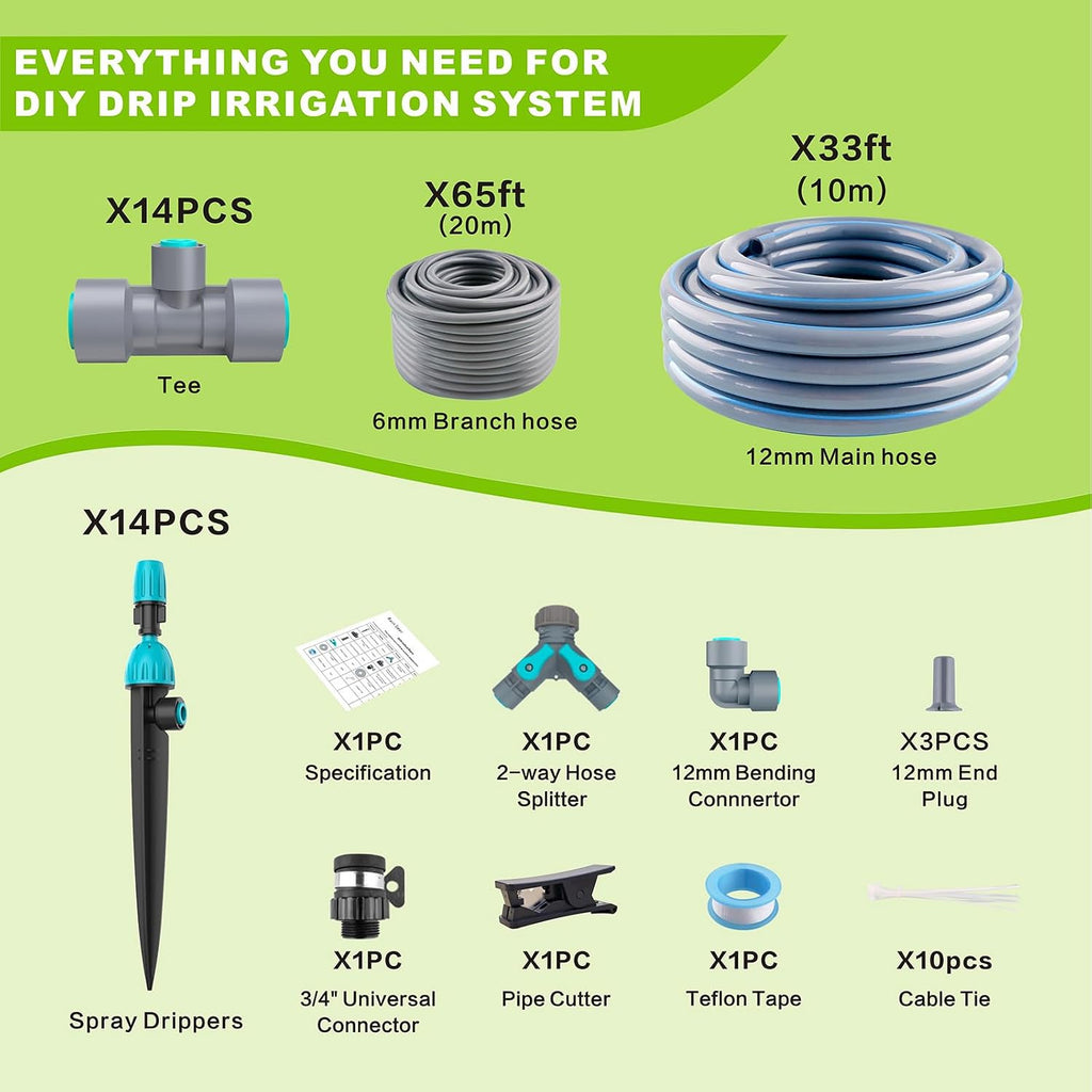 98ft Drip Irrigation Kit, Upgraded Quick-Connect System with Adjustable Nozzles & Durable Hoses, Complete Garden