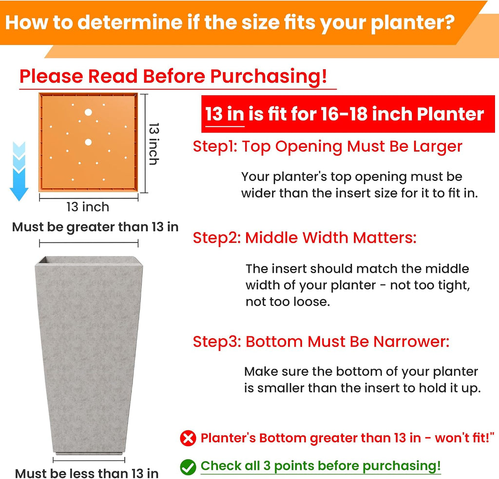 2-Pack Square Planter Insert for Large Pots, 13 Inch | Use Less Potting Soil, Planter Accessories for Indoor & Outdoor