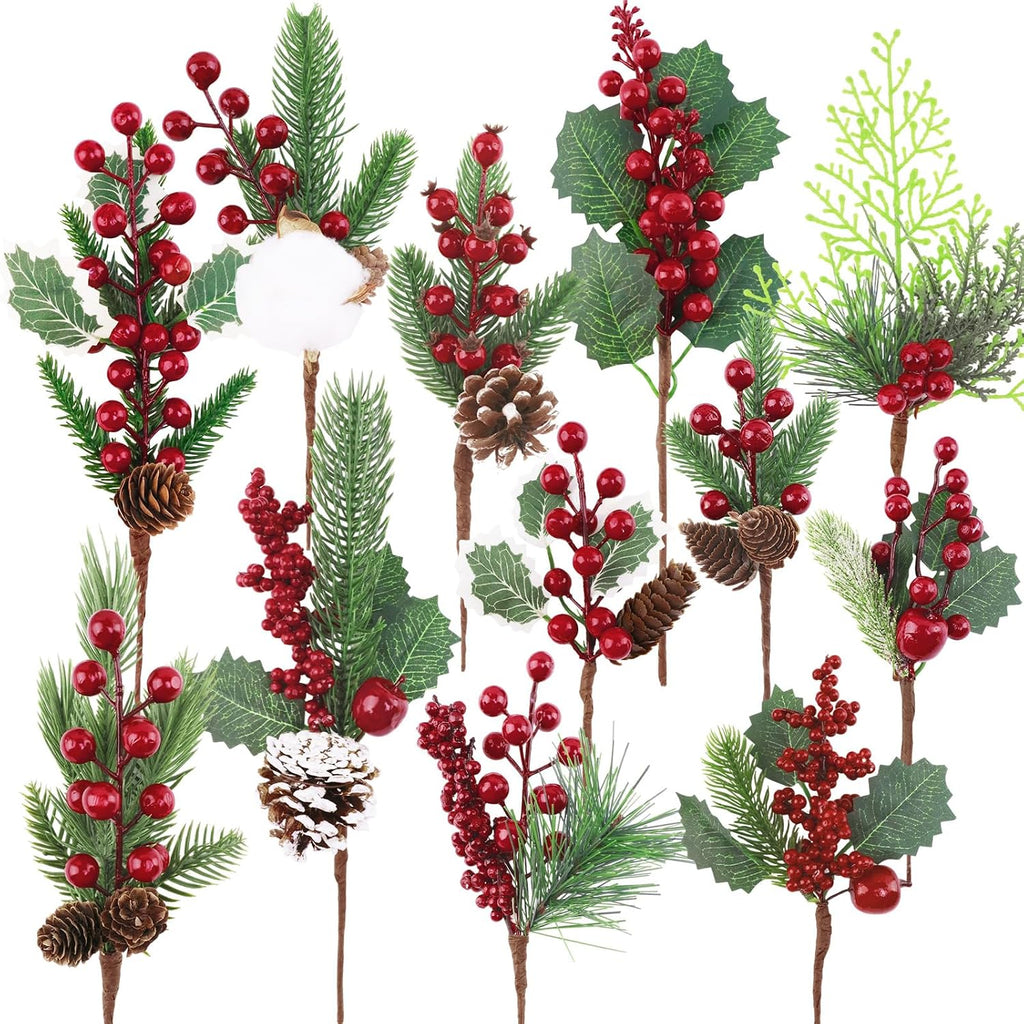 12 Pcs Pine Cones Red Berry Picks Stems Christmas Floral Picks and Sprays