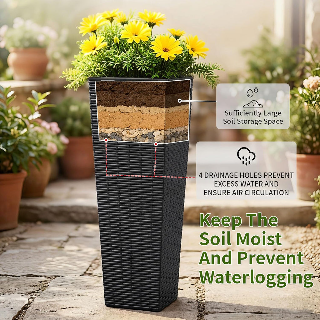 EVLIQUIL 23.8 Inch Tall Planters Set of 2 with Drainage Holes, Black | Large Rattan Textured Indoor & Outdoor