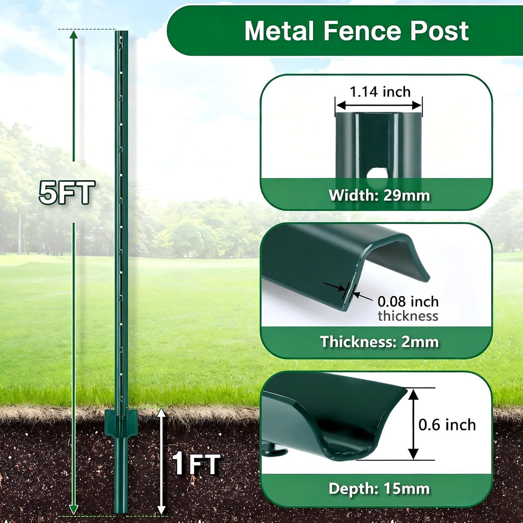 Gtongoko 5 Pack 5FT Heavy Duty Metal Fence Posts,Green U Channel No Dig Fence Stakes with Anchor Plate, Steel Posts for
