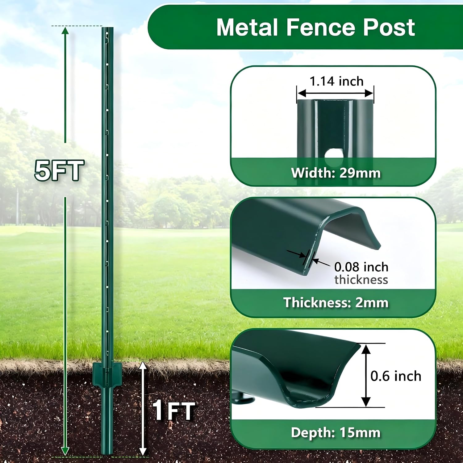 Gtongoko 5 Pack 5FT Heavy Duty Metal Fence Posts,Green U Channel No Dig Fence Stakes with Anchor Plate, Steel Posts for