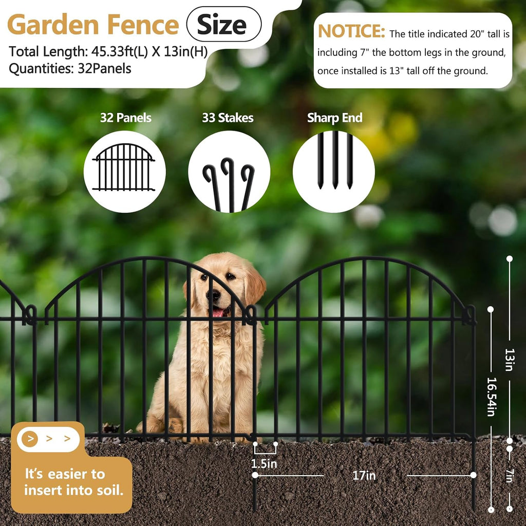 32 Panels Garden Fence, 45.33ft x 20in Animal Barrier Fences for Rabbits Dogs, Rustproof Metal Gardens Border Fencing