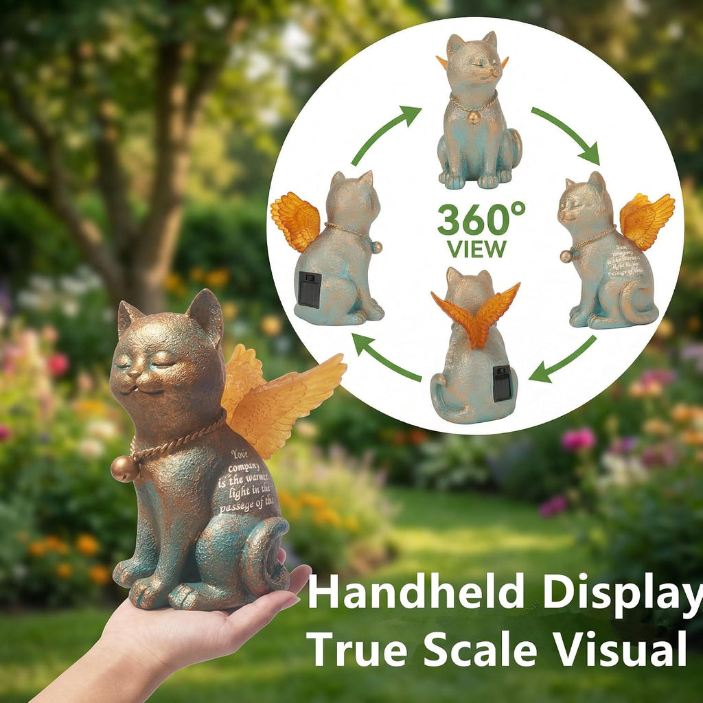 Pet Memorial Angel Cat Statue - Solar Powered Glowing Resin Garden Statue | Waterproof with LED Light Wings, Memorial