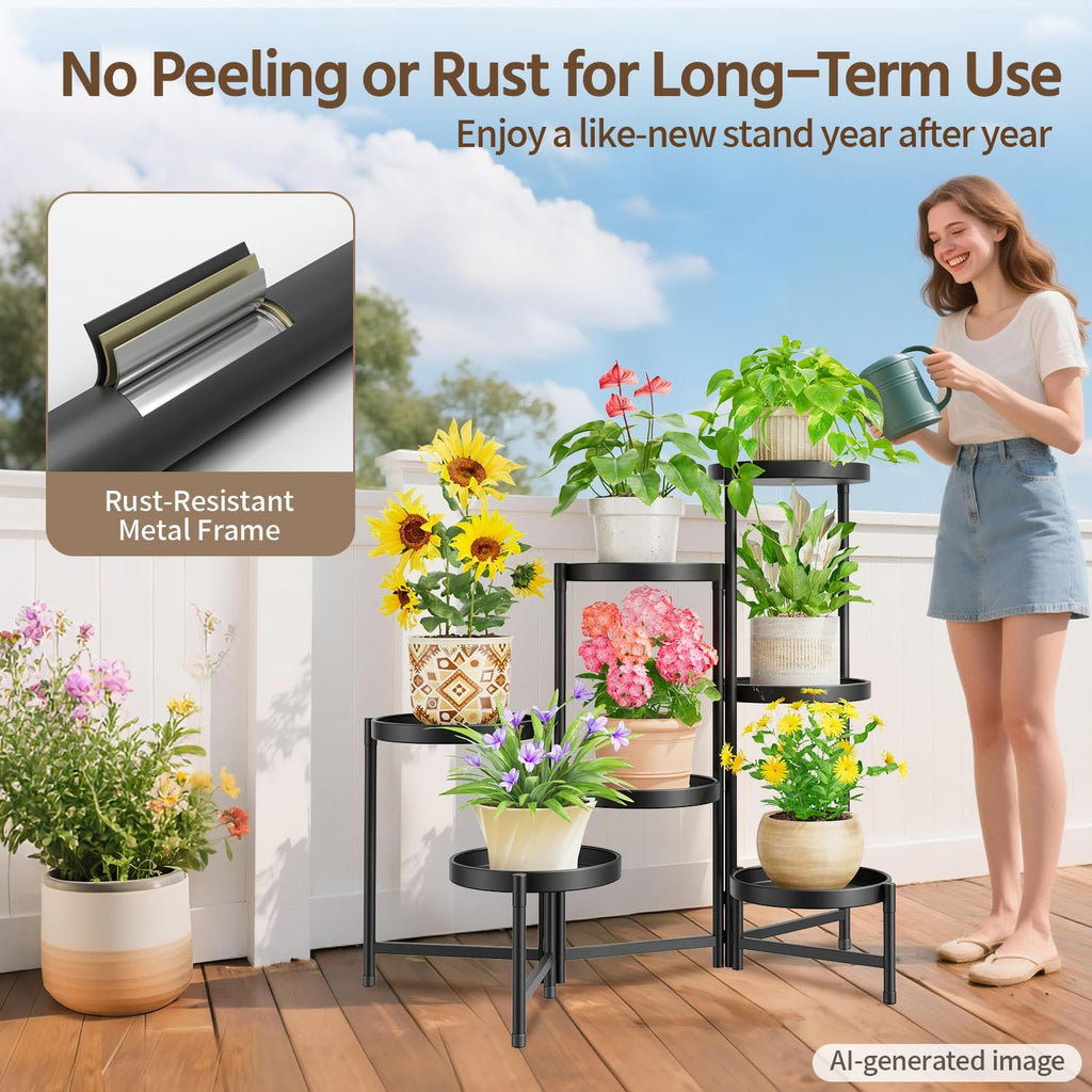 LASZOLA Plant Stand Indoor with 10 Inch Large Metal Tray, 7 Tier Black | Corner Tall Folding Flower Display Rack