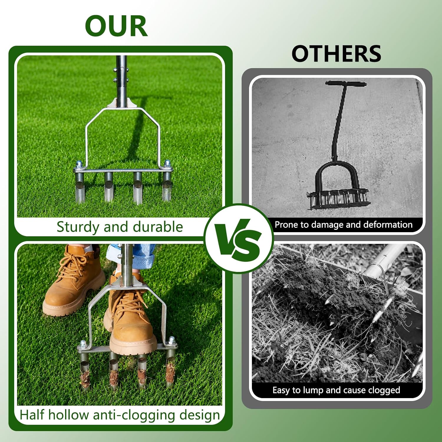 Stainless Steel Aerator Lawn Tool, Manual Core Aerator with 4 Hollow Tines | Heavy Duty Grass Aerator, Anti-Clogging