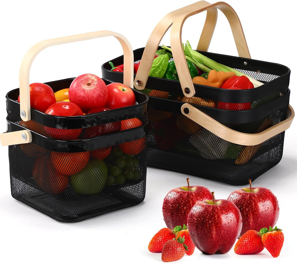 Zonon 4 Pack Harvest Garden Baskets, 2 Size Metal Mesh Harvest Storage Basket with Foldable Wooden Handle, Rectangle