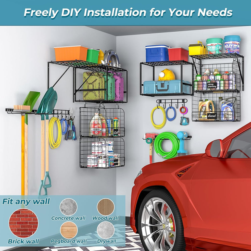 ThreeHio Garage Shelf Wall Mounted with Wire Baskets, Heavy Duty Garage Wall Shelving with Garden Tool Rack and Hooks