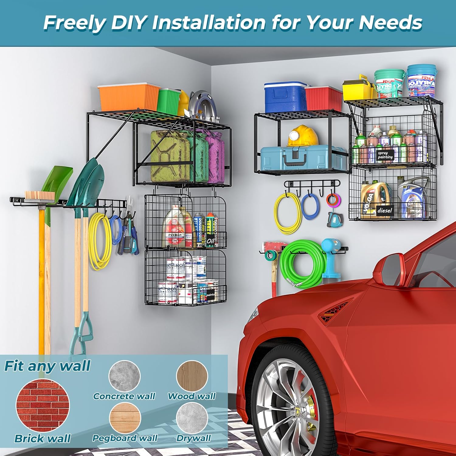 ThreeHio Garage Shelf Wall Mounted with Wire Baskets, Heavy Duty Garage Wall Shelving with Garden Tool Rack and Hooks