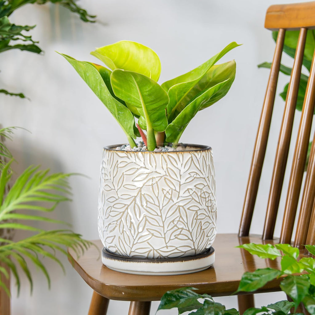D'vine Dev 2-Pack Embossed Leaves Planter, 6 in, Smoked White, 27-F-X-1 | Nature-Inspired Leaf Pattern, Handcrafted