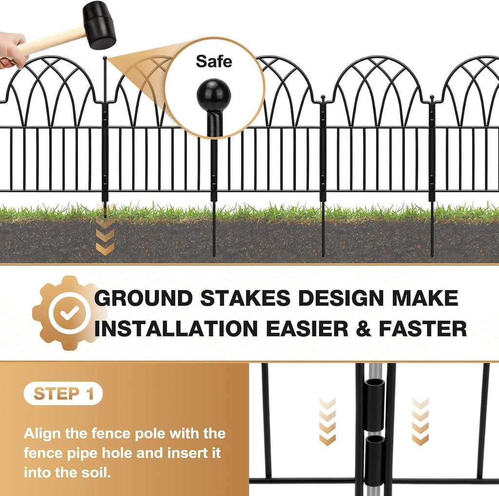 24in(H) x 10.56ft(L) Garden Fence - No Dig Metal Fence Animal Barrier Arched Wire Border Panels with Ground Stakes for
