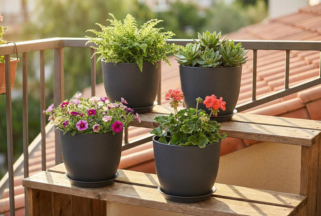 8 Inch Plant Pots Set of 4, Plastic Planters with Drainage Holes and Tray, Flower Pots for Indoor Outdoor Plants and