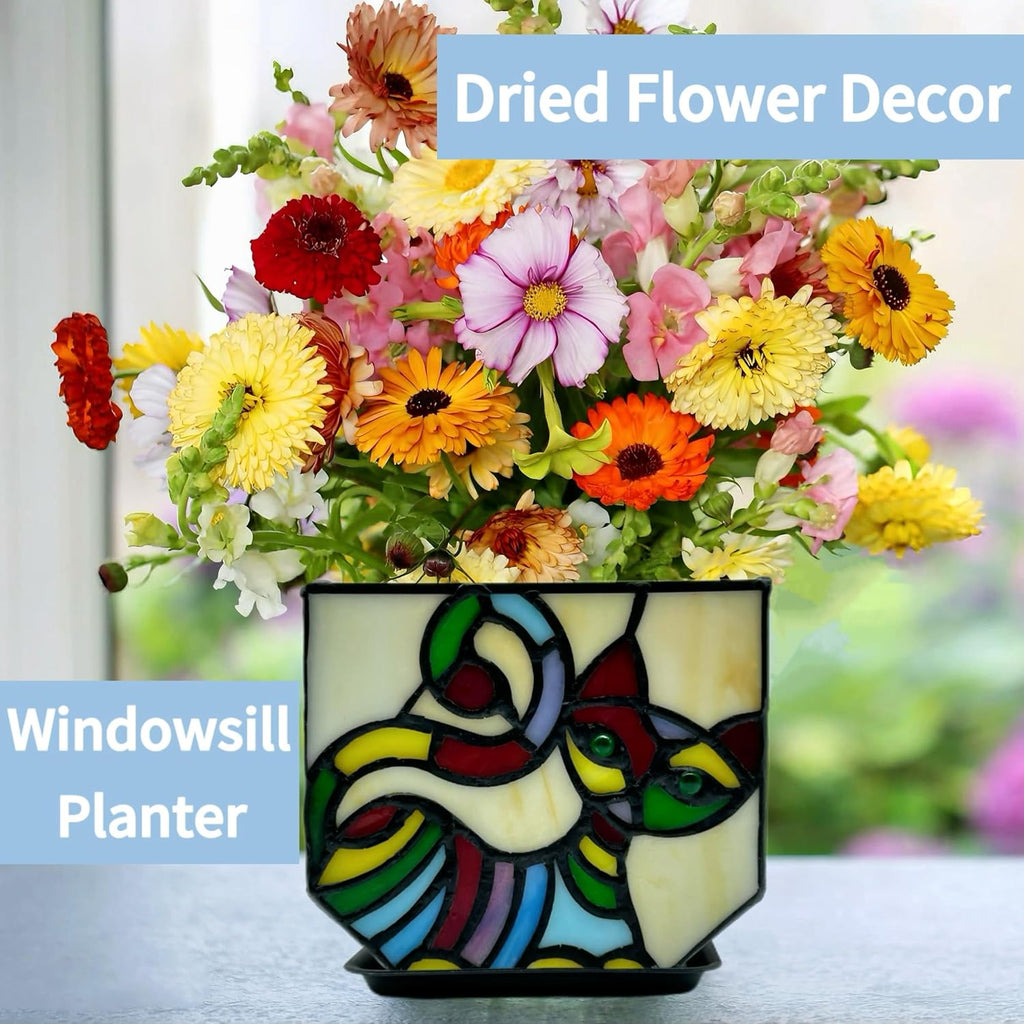 Stained Glass Cat Pot with Drainage,Cute Planters for Indoor Plants,Decorative Flower Pots,Gifts for Plant