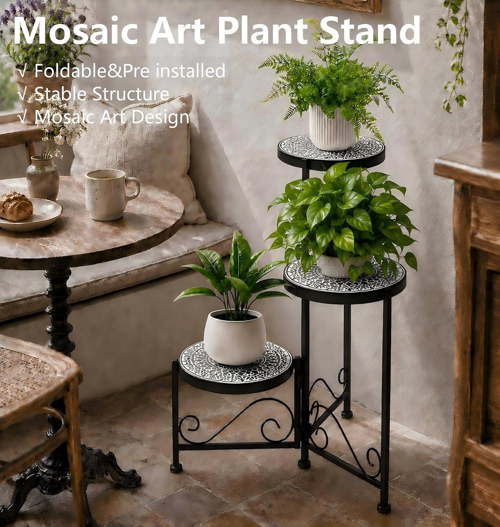 3 Tier Mosaic Corner Plant Stand Foldable Display Shelf Black | Tall Plant Holder Space-Saving Corner Design Perfect