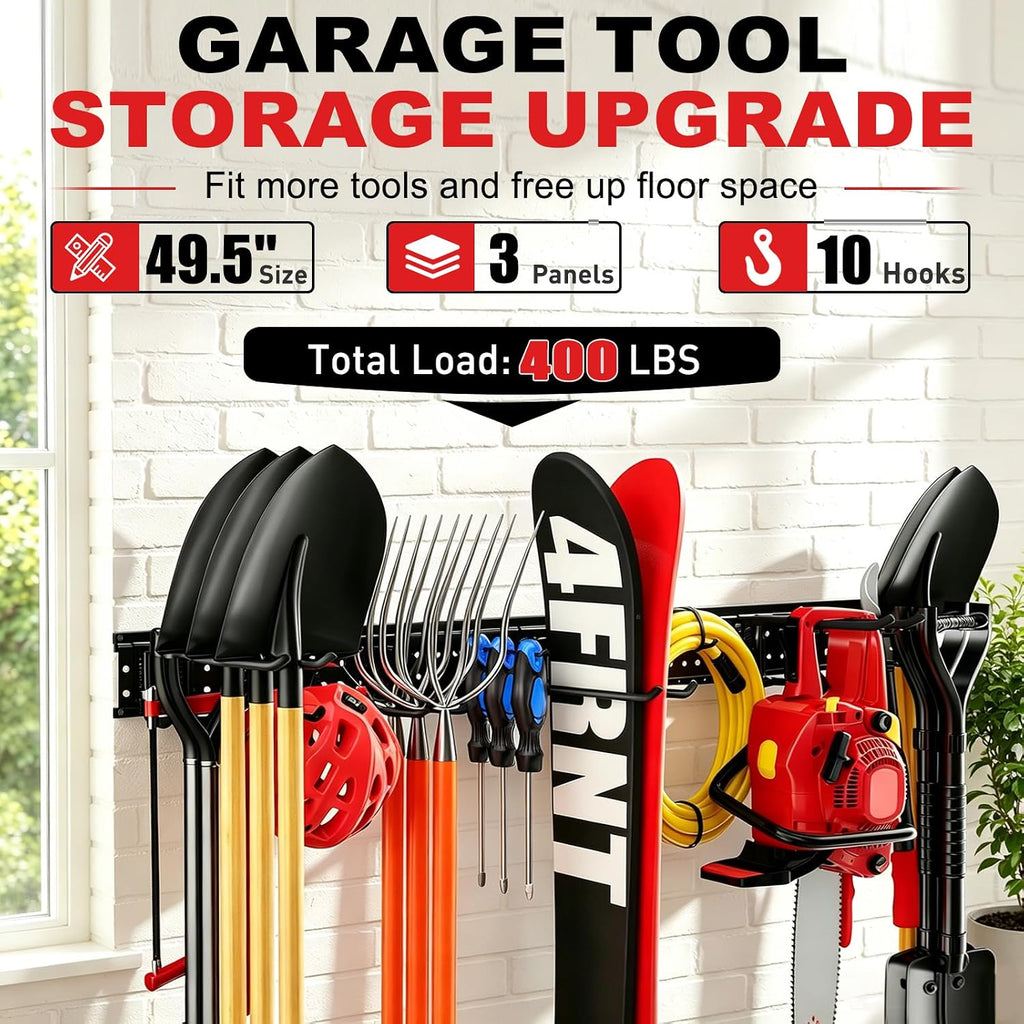 Garage Tool Organizer Wall Mount 49.5 inches with 10 Adjustable Heavy-Duty Hooks, Garage Organization, Garden Tool