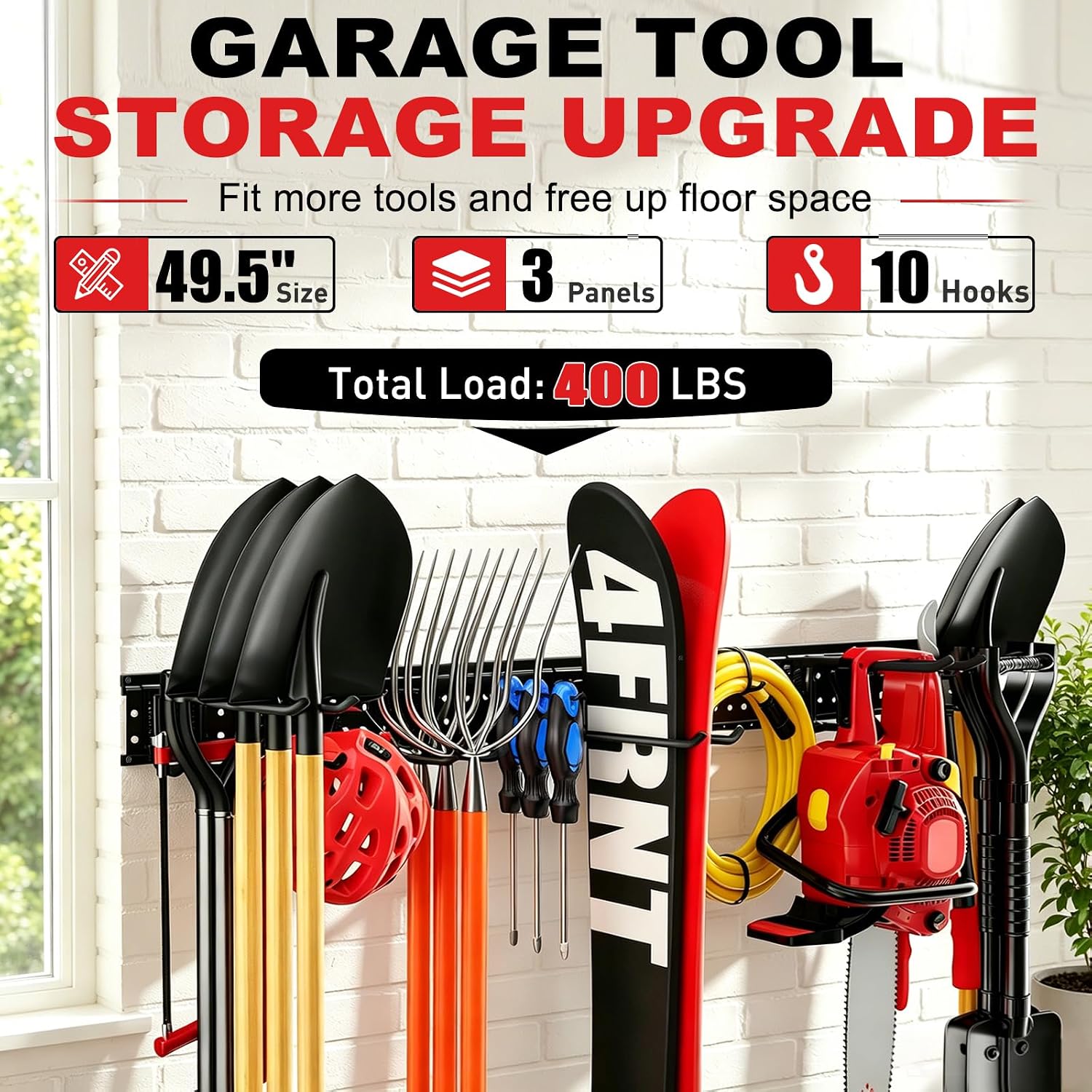 Garage Tool Organizer Wall Mount 49.5 inches with 10 Adjustable Heavy-Duty Hooks, Garage Organization, Garden Tool