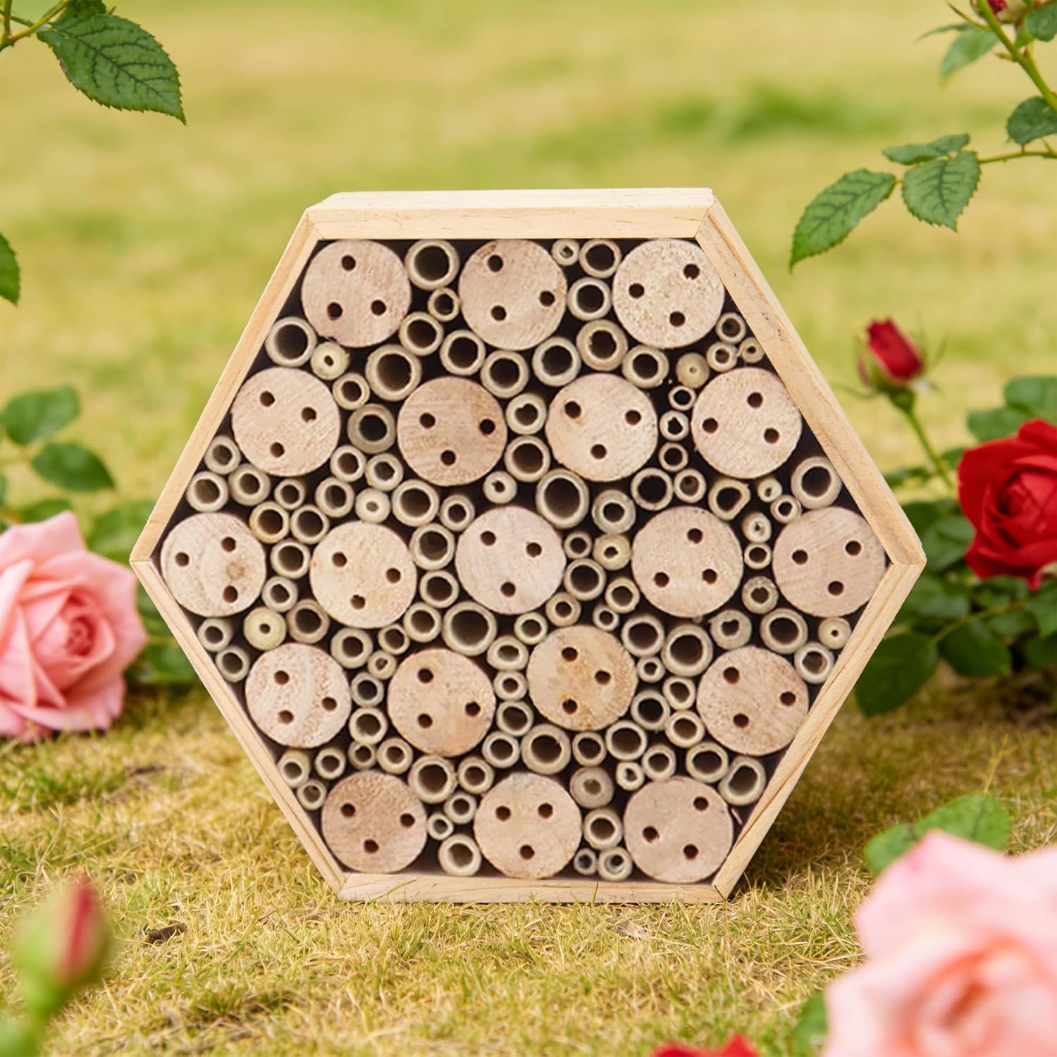 Mason Bee House, Natural Wooden Hexagon Bee House with Metal Stake & Cleaning Brush, Hanging Bees Box Habitat to