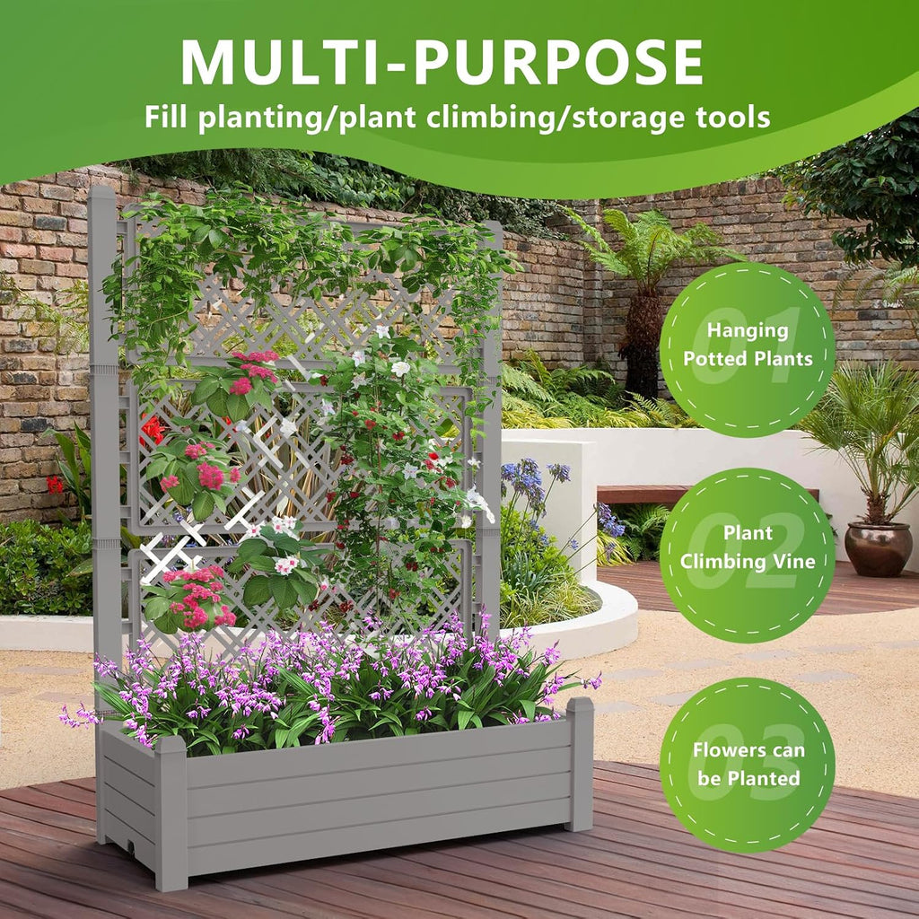 Raised Garden Bed with Trellis for Climbing Plants, Raised Herb Garden Bed with Drainage Plug & Water Level Gauge