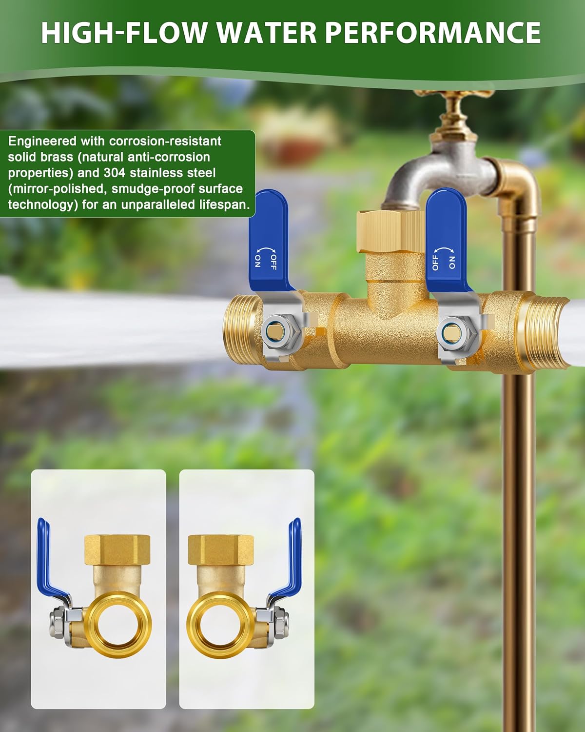 Hose Splitter 2 Way, Heavy Duty Brass Garden Hose Splitter | 0.59" Full Flow Ball Valve Outlet, Shut-Off Valve, 3/4"
