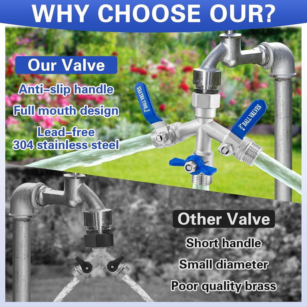 Garden Hose Splitter 3 Way, Heavy Duty 304 Stainless Steel Hose Splitter with Shut-off Valves, Full Flow Garden Water