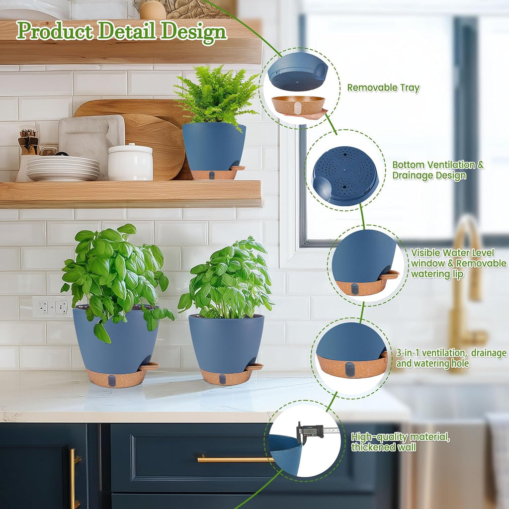 Self Watering Pots for Inoor Ourdoor Plants 8/7/6.5/6/5" Plastic Planters | Drainage Holes & Water Level Indicator