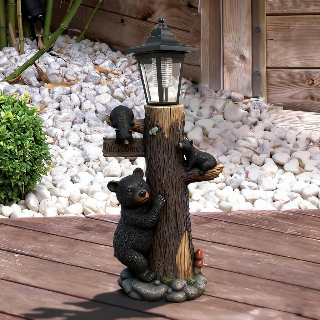 19 Inches Bear Statue Welcome Sign Garden Statue with Solar Lights | Resin Bear Family on The Tree, Outdoor Bear Décor
