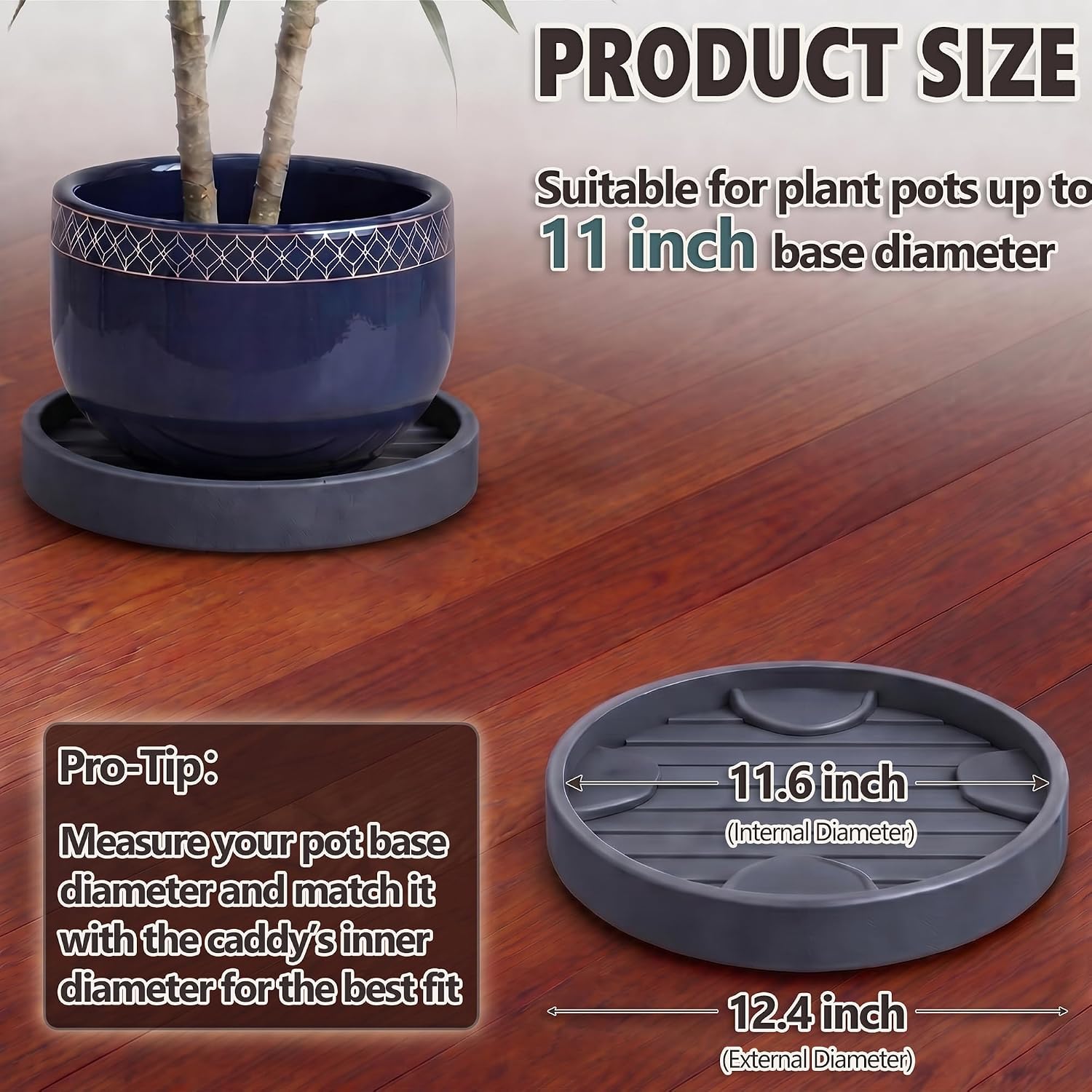 12Inch Plant Caddy with Hidden Wheels for Large Pots | 2Pack Plant Stands with Wheels, Heavy Duty Rolling Plant Base