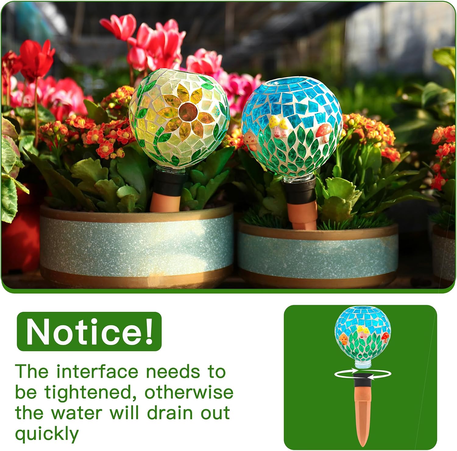 SAVENNA Mosaic Plant Watering Globes with Terracotta Spikes, 17oz Glass Self Watering Globes for Indoor & Outdoor