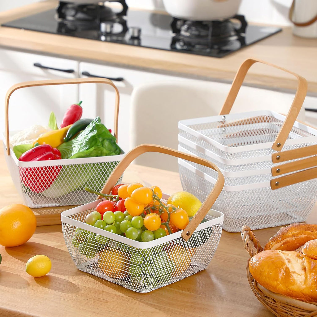 6 Pcs Metal Mesh Steel Basket with Handle Small Shopping Baskets Square Wire Harvest Storage for Kitchen Storage Garden