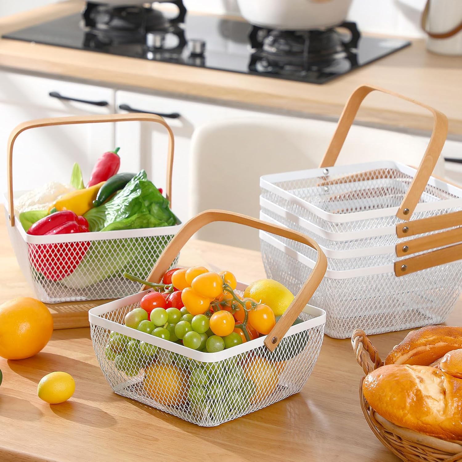 6 Pcs Metal Mesh Steel Basket with Handle Small Shopping Baskets Square Wire Harvest Storage for Kitchen Storage Garden