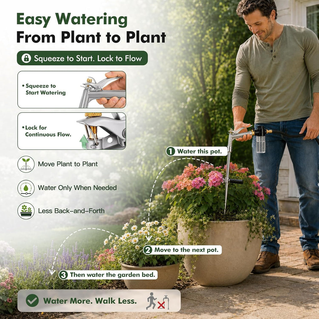 Deep Root Watering Tool for Trees with Trigger Handle & Fertilizer Bottle | One-Piece Stainless Steel Tree Watering