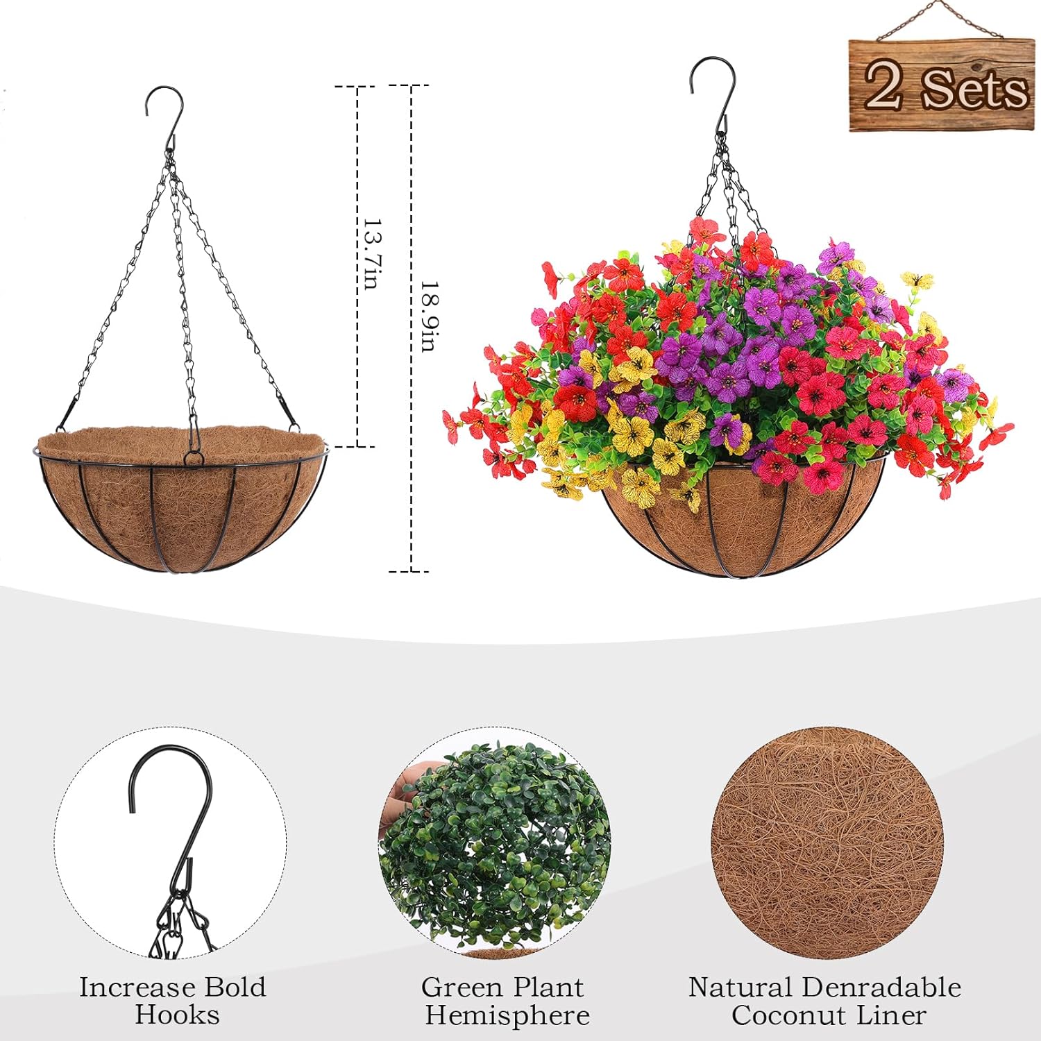 Hananona 2 Set Artificial Outdoor Flowers with Hanging Basket, 2 Hanging Planters with 24 Pcs Flowers for Spring Summer