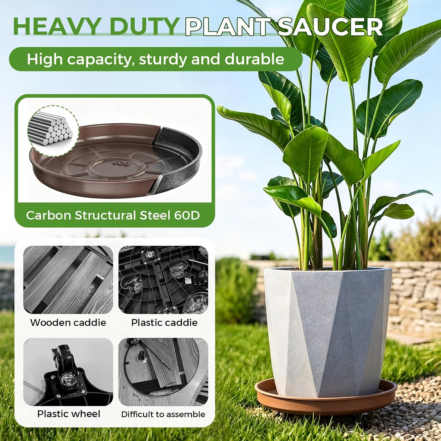 Plant Caddy With Wheels 16" Metal Plant Saucers for Indoors 420 Lb Capacity | Rolling Plant Stand, 360° Locking Casters