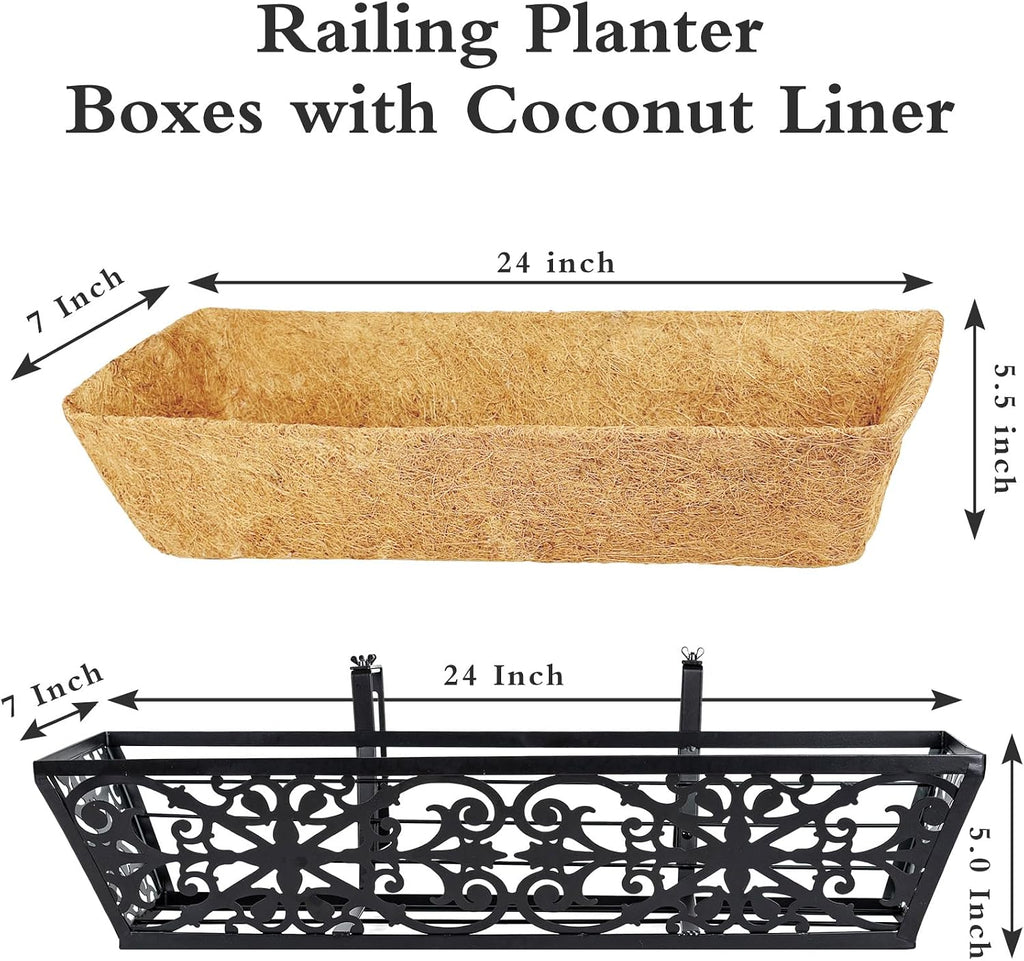 2 Pack 24 Inch Window Boxes Planters Railing Planter Box with Adjustable Brackets & Coco Liners Fabric Plant Grow Bags