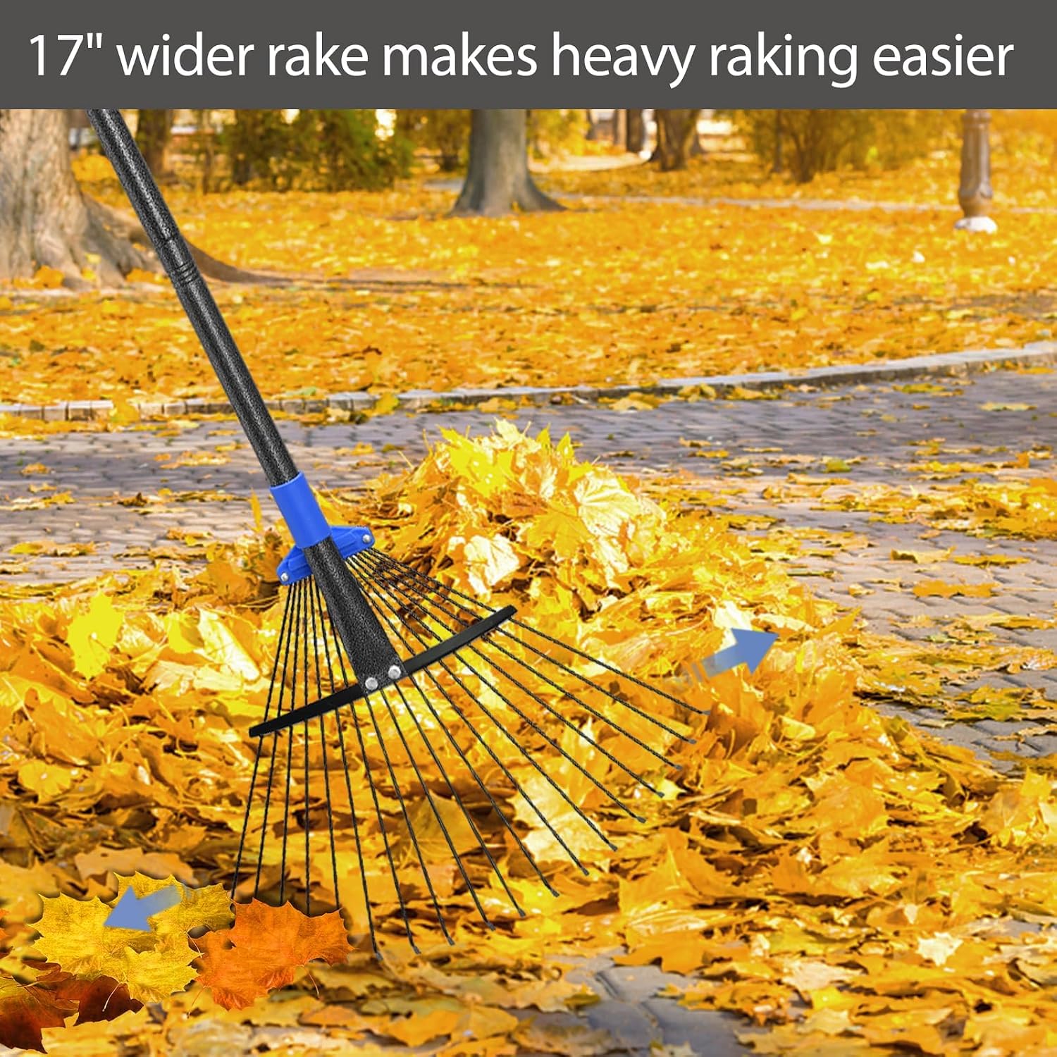 Adjustable Metal Leaf Rake Long Handle, Garden Rakes for Lawns Heavy Duty Leaves with Expandable Head 8-17", Yard Women