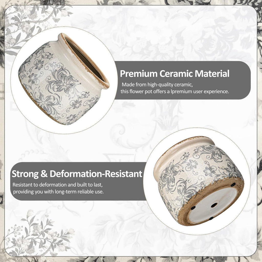 7.7" Large Vintage Ceramic Plant Pot with Baroque Floral Pattern Beige Gray Rustic Planter with Ice Crackle Glaze &