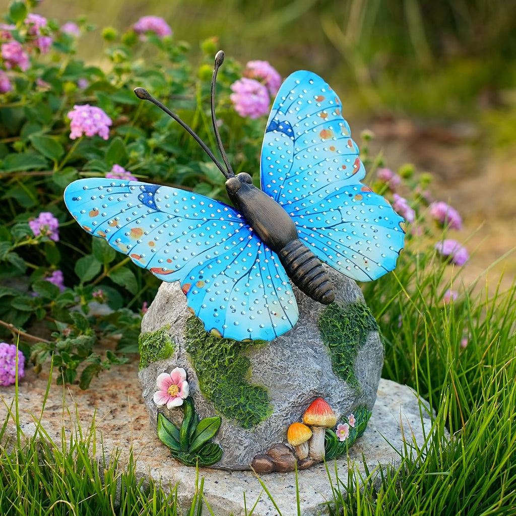 WSgift Solar Butterfly Garden Statue Weatherproof Outdoor Hand-Painted Decor Butterfly Resin Figurine Blue