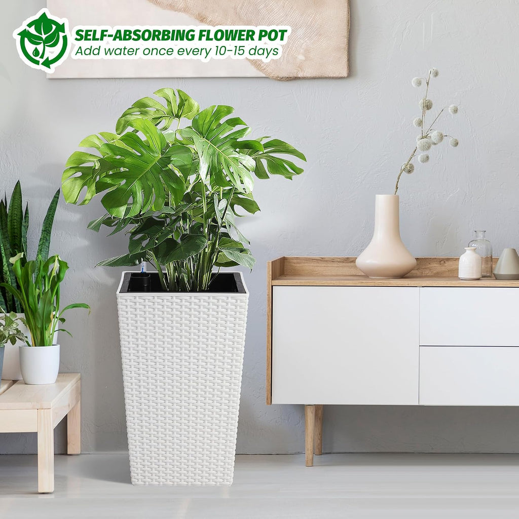 Self-Watering Rattan Tall Planter Pot with Water Level Indicator | Weather-resistant rattan planter, modern decor for
